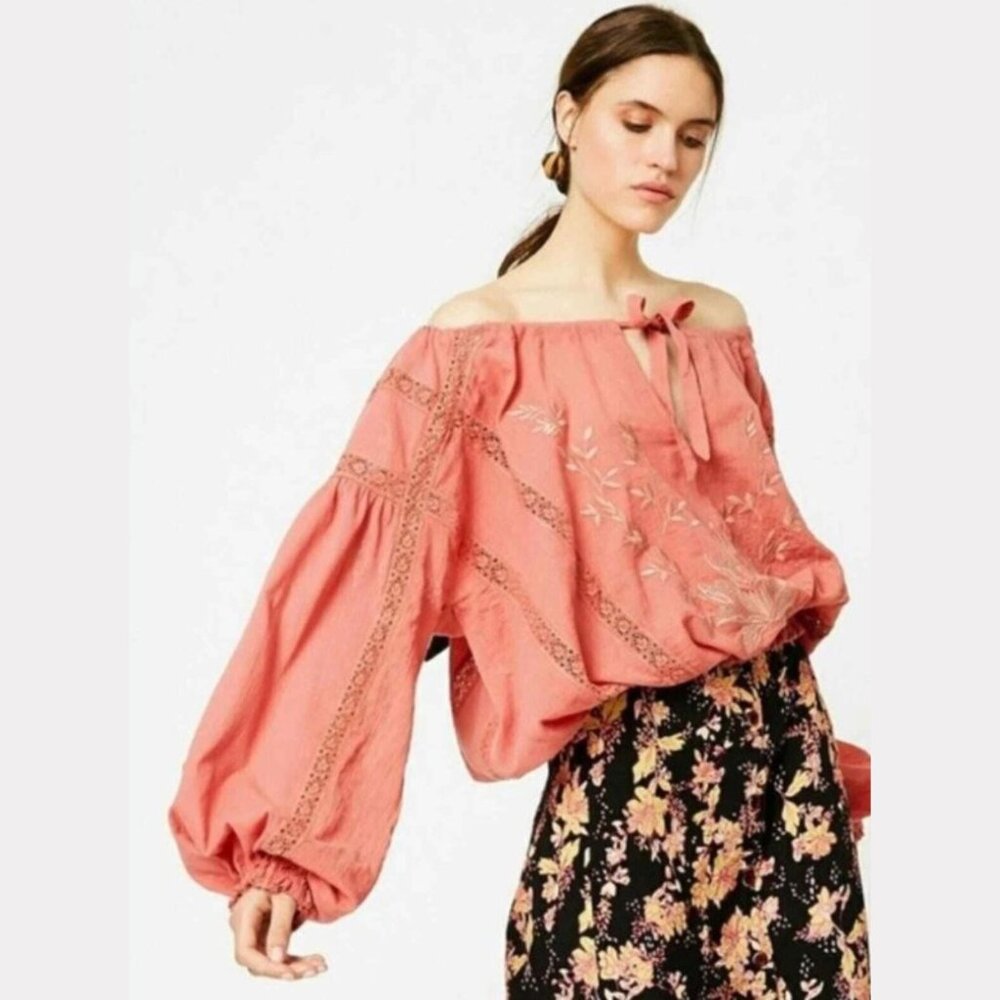 Free People Dusty Rose Maria Maria Lace‎ Peasant Blouse with Embroidery - SZ M - Picture 3 of 11